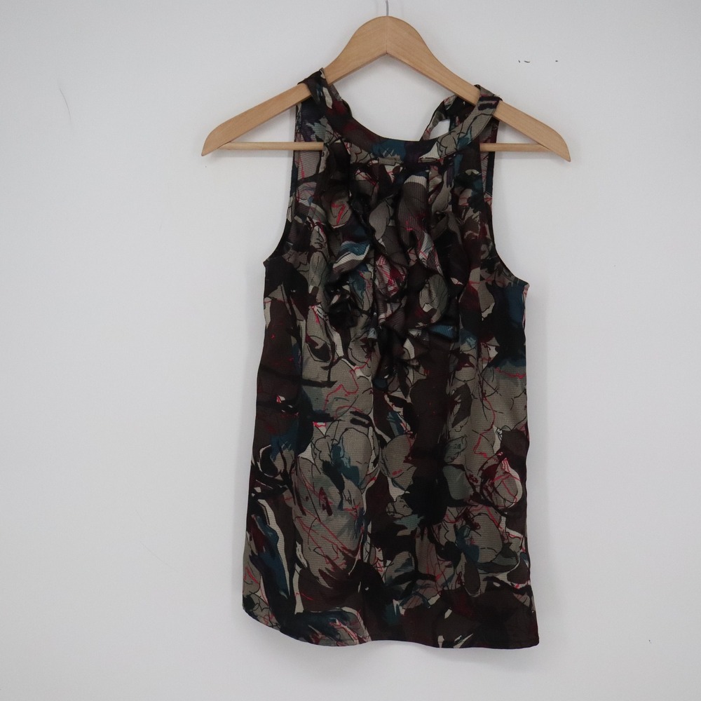 The Limited Blouse Womens XS Ruffle Front Brown Abstract Floral Sleeveless